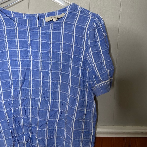 Ann Taylor LOFT Women’s Size Large Short Sleeve Blouse Blue Plaid Button Back - Picture 4 of 7